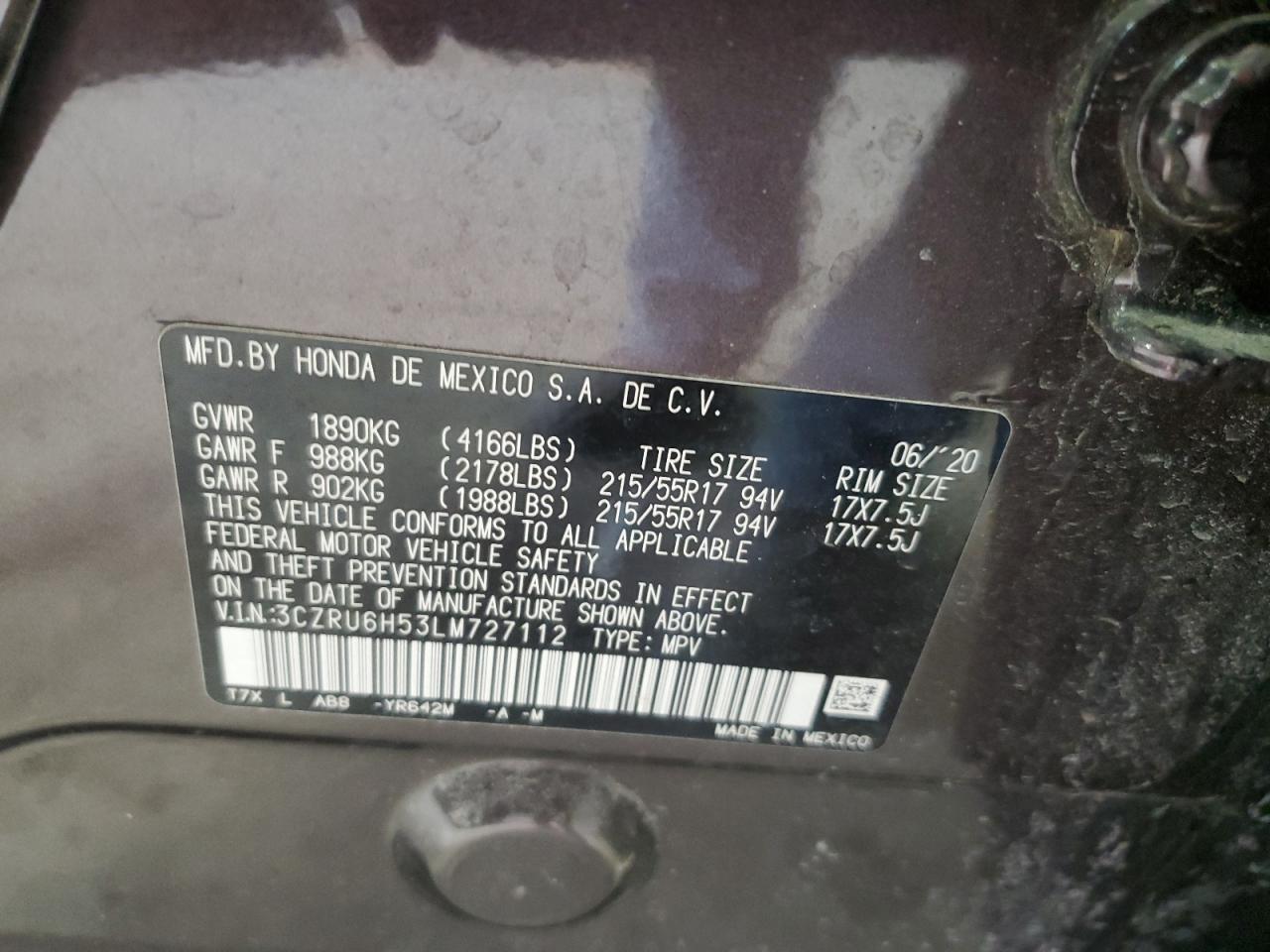 2020 Honda HR-V VIN 3CZRU6H53LM727112 Copart auction photo, front end / rear end damage thumbnail 15