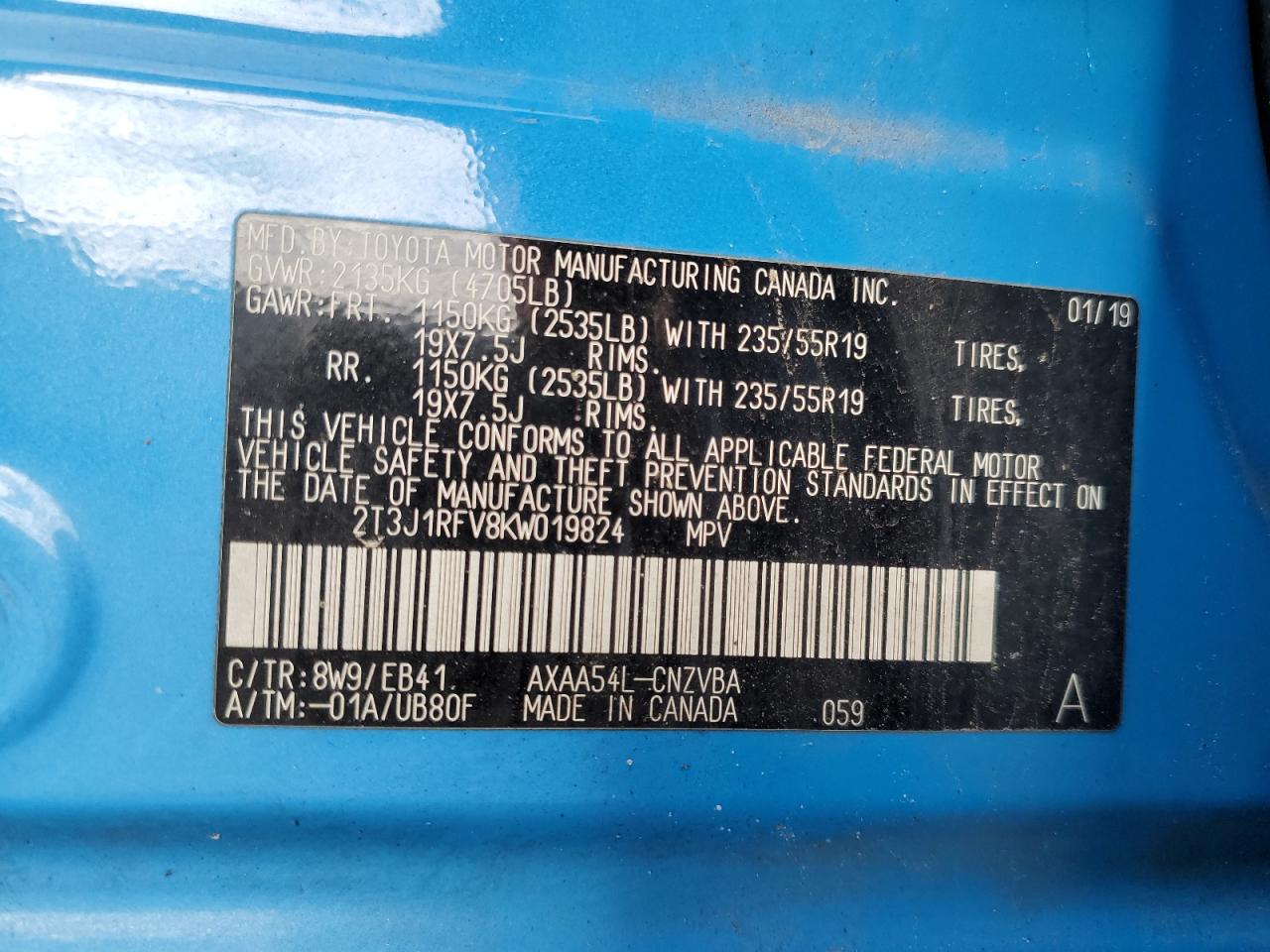 2019 Toyota RAV 4 VIN 2T3J1RFV8KW019824 Copart auction photo, rear end / minor dent/scratches damage thumbnail 14