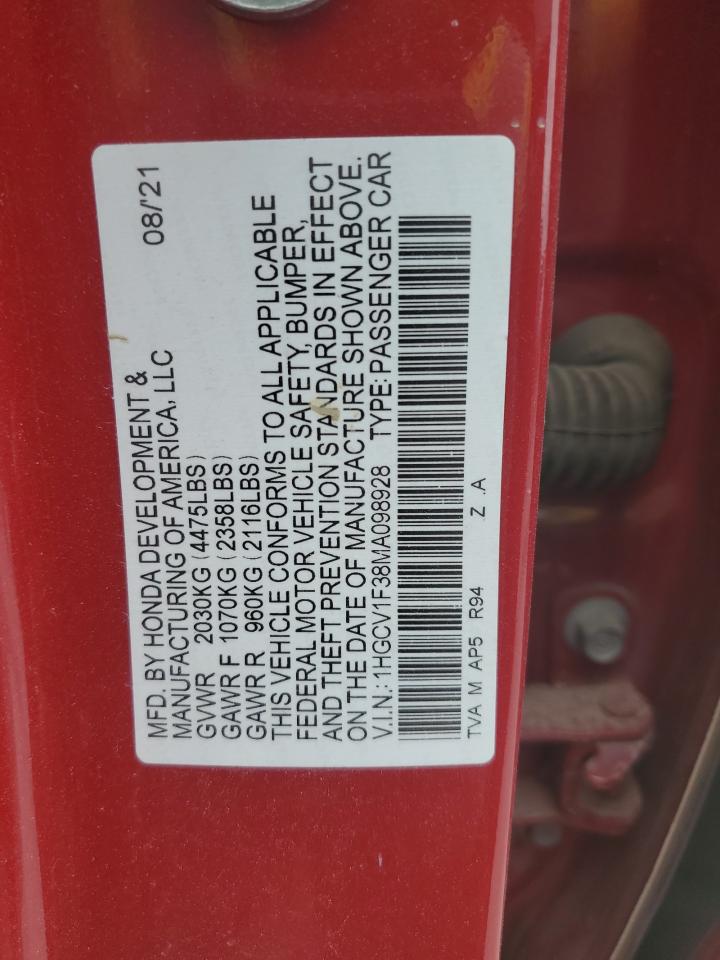 2021 Honda Accord VIN 1HGCV1F38MA098928 Copart auction photo, all over / undercarriage damage thumbnail 15