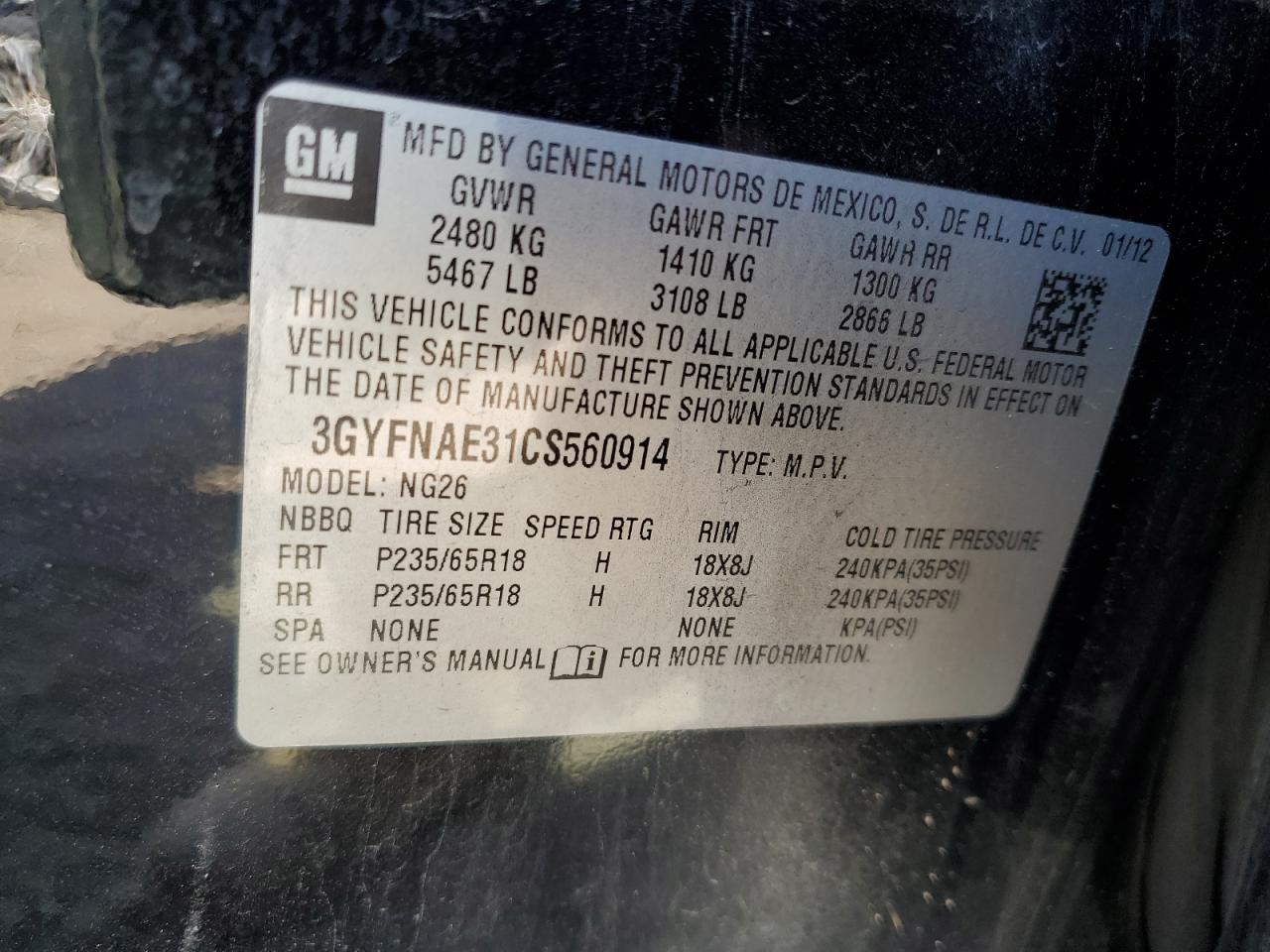2012 Cadillac SRX VIN 3GYFNAE31CS560914 Copart auction photo, front end damage thumbnail 12