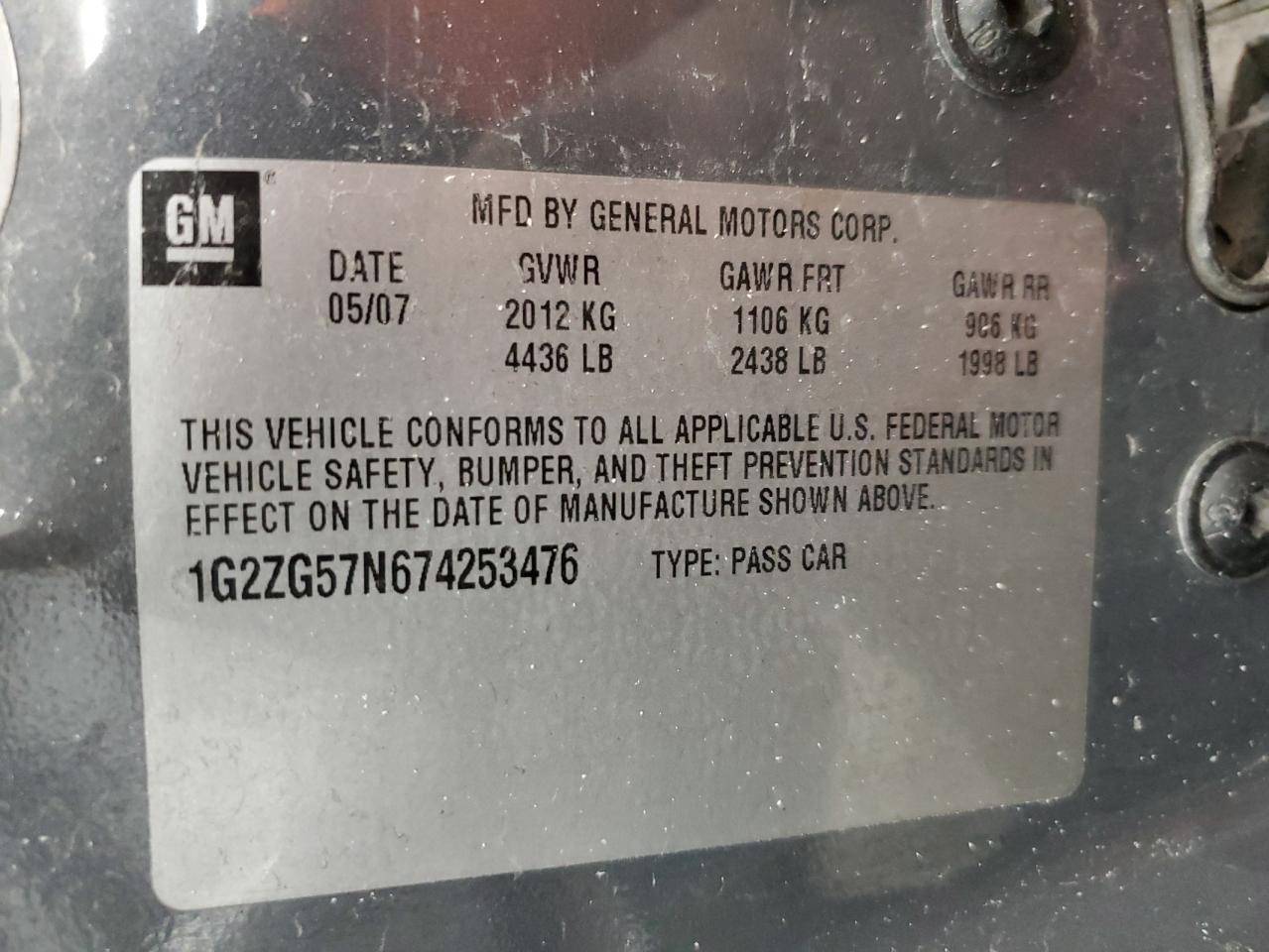 2007 Pontiac G6 VIN 1G2ZG57N674253476 Copart auction photo, front end damage thumbnail 13