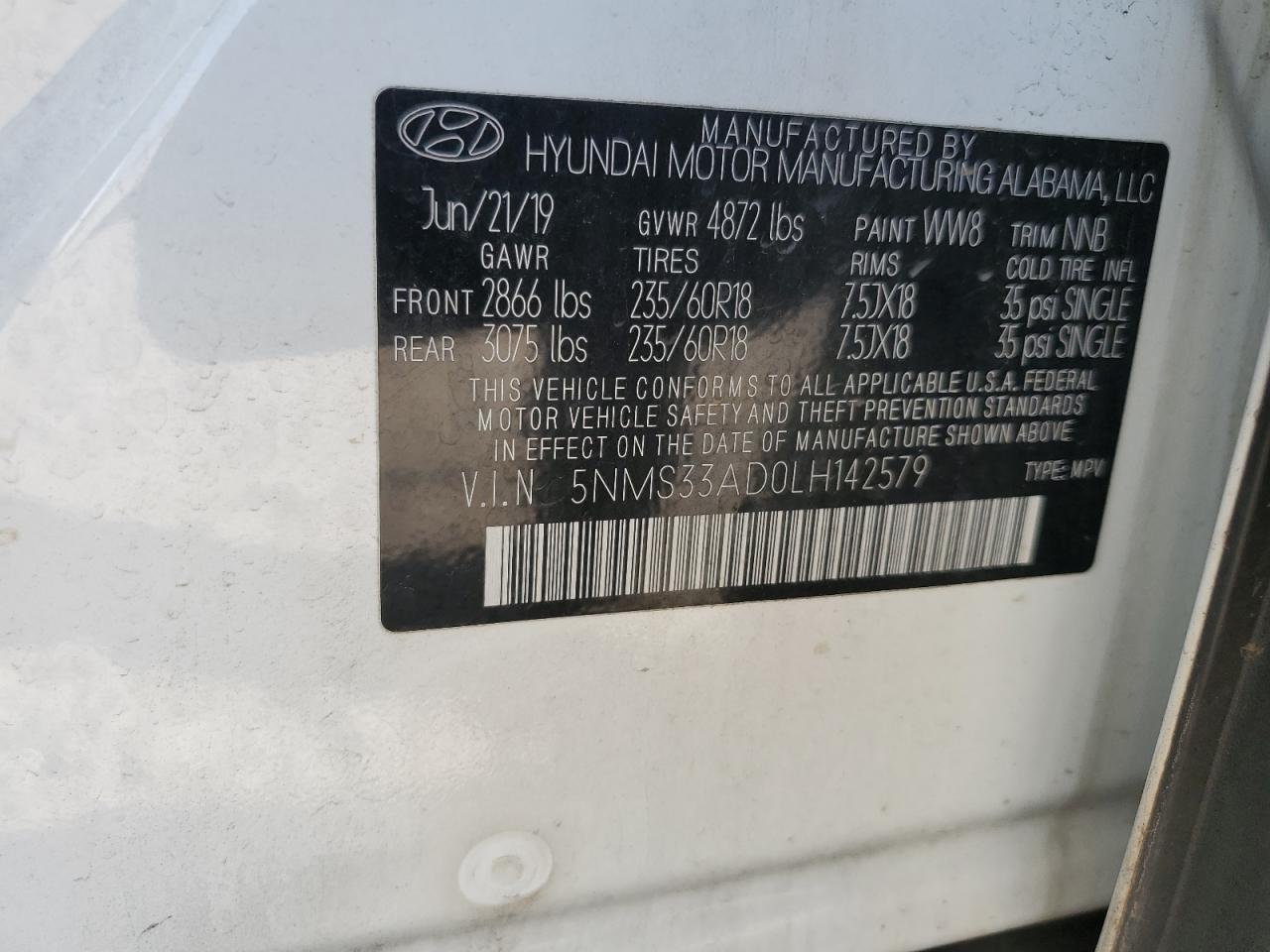 2020 Hyundai Santa Fe VIN 5NMS33AD0LH142579 Copart auction photo, hail / minor dent/scratches damage thumbnail 13