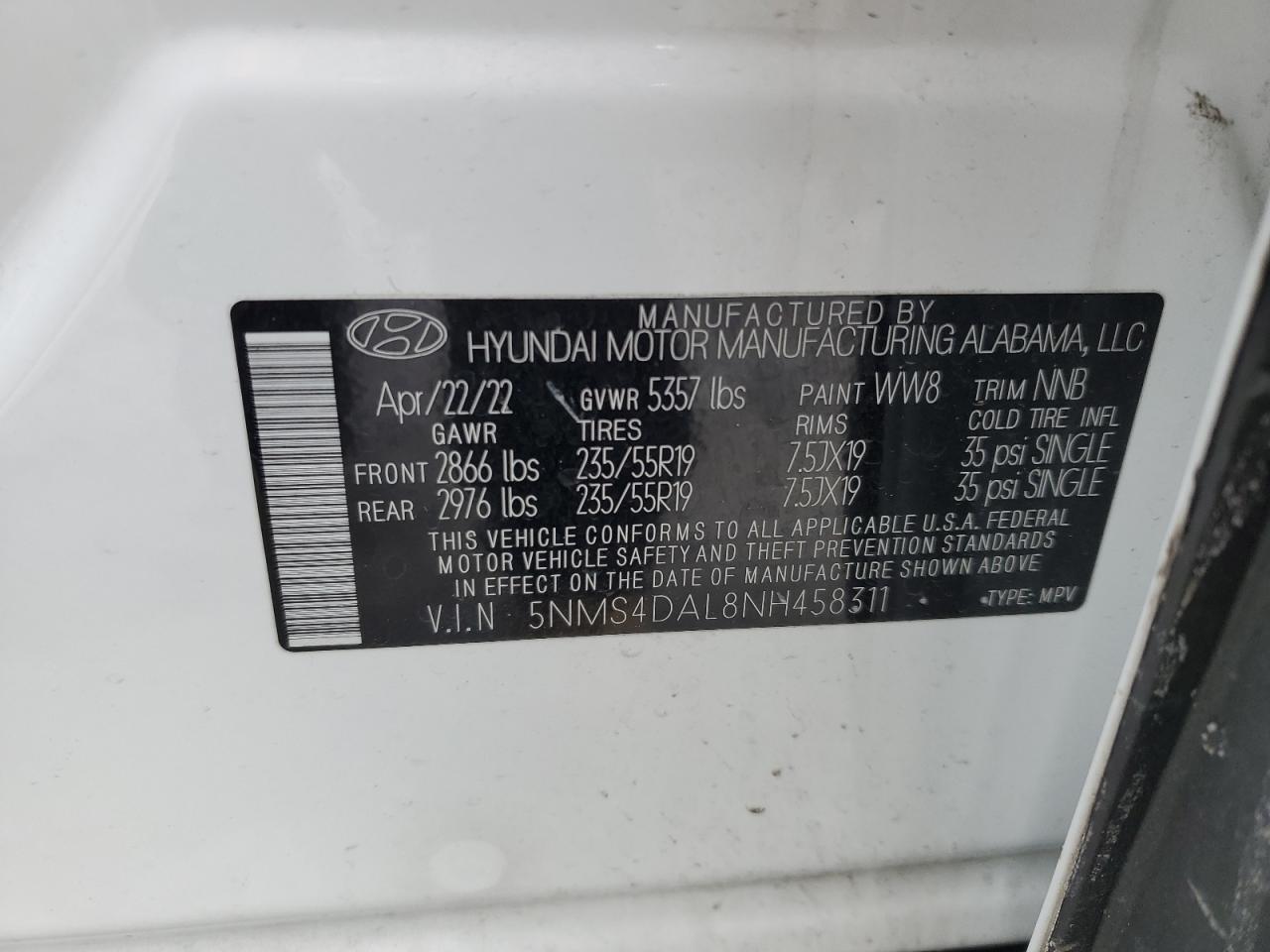2022 Hyundai Santa Fe VIN 5NMS4DAL8NH458311 Copart auction photo, mechanical / front end damage thumbnail 15
