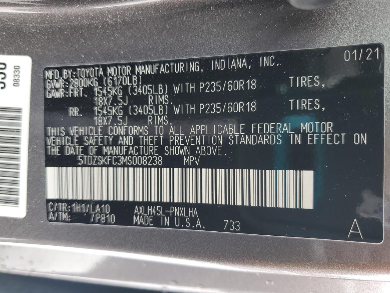 2021 Toyota Sienna VIN 5TDZSKFC3MS008238 Copart auction photo, front end / side damage thumbnail 14
