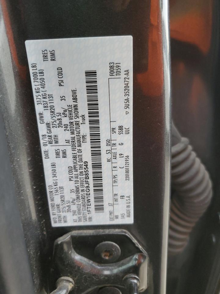 2018 Ford F-150 VIN 1FTEW1EG9JFB85549 Copart auction photo, front end / side damage thumbnail 14