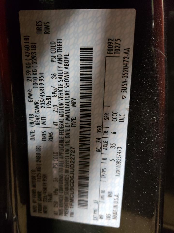 2018 Ford Escape VIN 1FMCU9GD6JUD22727 Copart auction photo, all over damage thumbnail 13