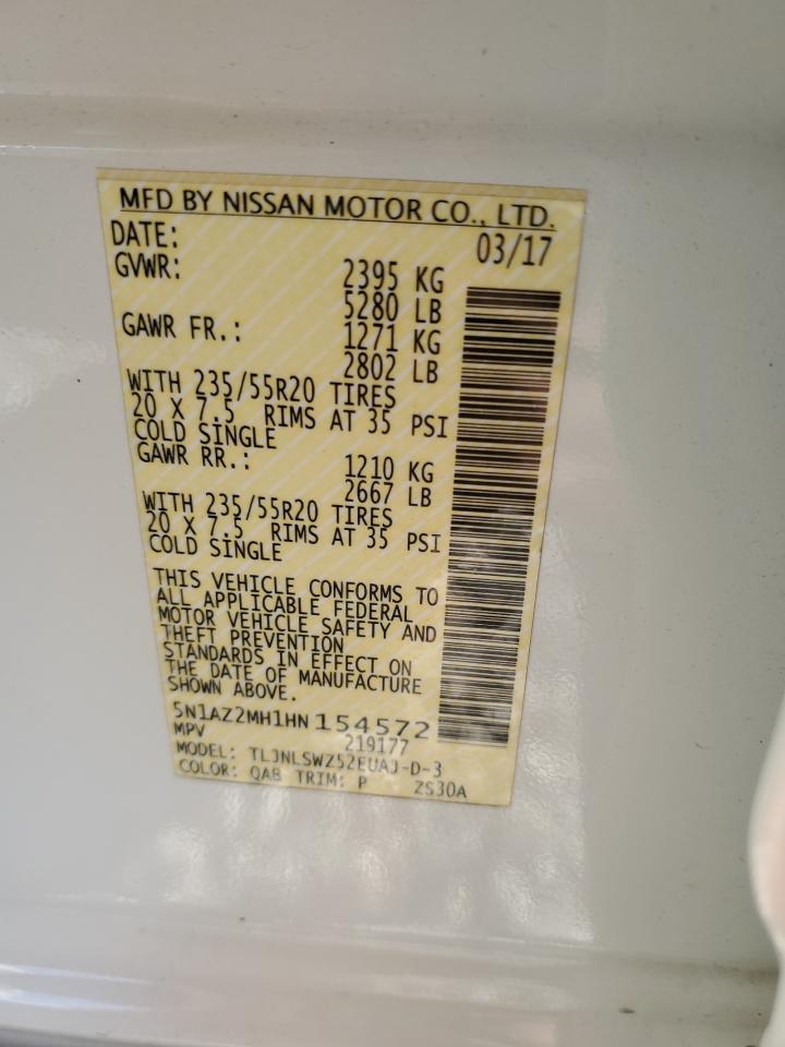 2017 Nissan Murano VIN 5N1AZ2MH1HN154572 Copart auction photo, front end damage thumbnail 12