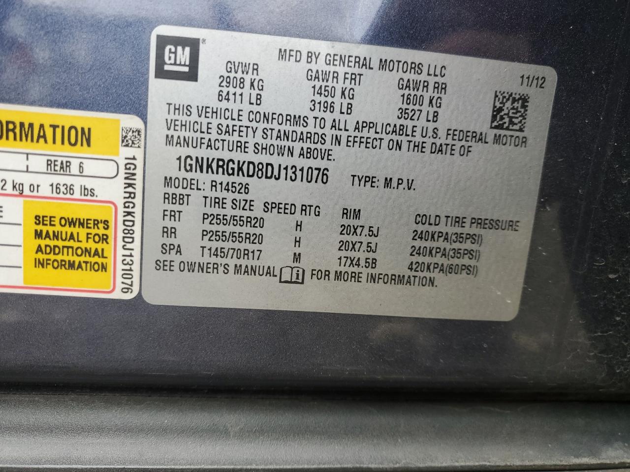 2013 Chevrolet Traverse VIN 1GNKRGKD8DJ131076 Copart auction photo, undercarriage / mechanical damage thumbnail 13