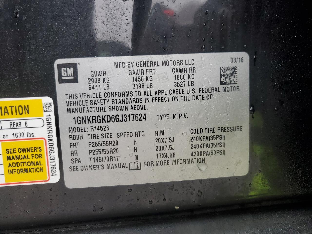 2016 Chevrolet Traverse VIN 1GNKRGKD6GJ317624 Copart auction photo, front end / minor dent/scratches damage thumbnail 14