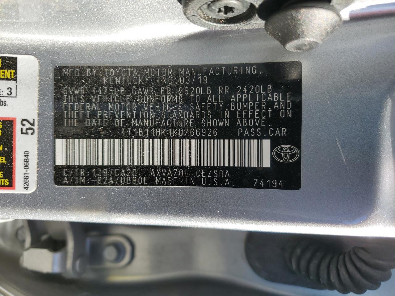 2019 Toyota Camry VIN 4T1B11HK1KU766926 Copart auction photo, all over damage thumbnail 13