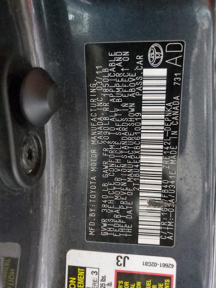 2011 Toyota Corolla VIN 2T1BU4EEXBC610019 Copart auction photo, front end / side damage thumbnail 12