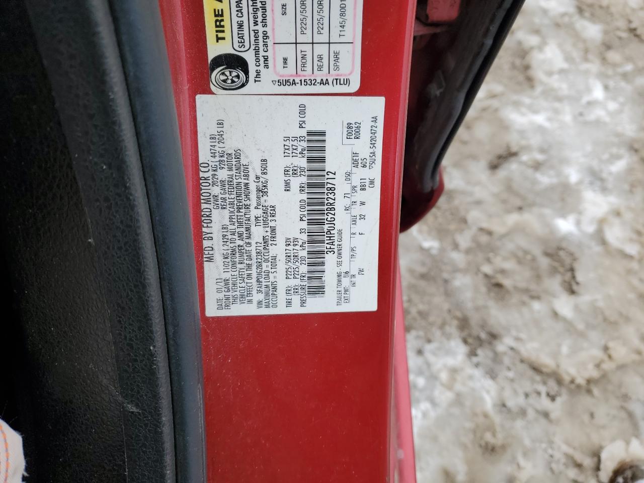 2011 Ford Fusion VIN 3FAHP0JG2BR238712 Copart auction photo, front end damage thumbnail 12
