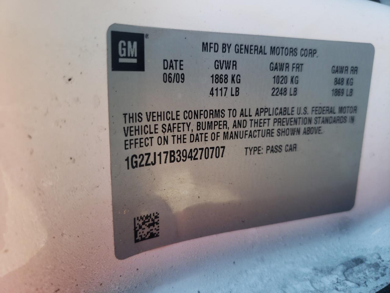 2009 Pontiac G6 VIN 1G2ZJ17B394270707 Copart auction photo, burn / all over damage thumbnail 12
