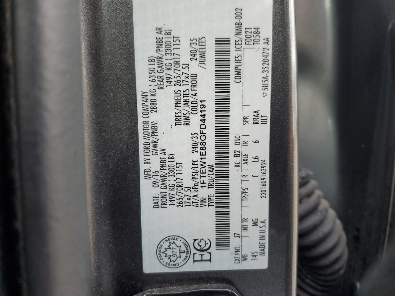 2016 Ford F-150 VIN 1FTEW1E88GFD44191 Copart auction photo, front end / minor dent/scratches damage thumbnail 15