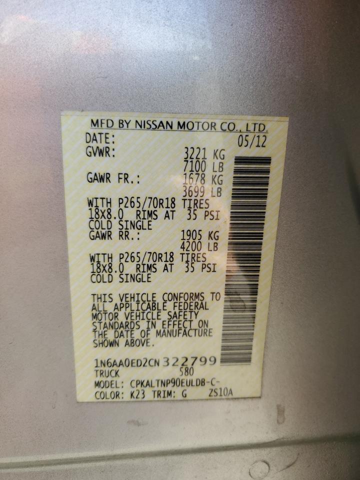 2012 Nissan Titan VIN 1N6AA0ED2CN322799 Copart auction photo, front end damage thumbnail 15