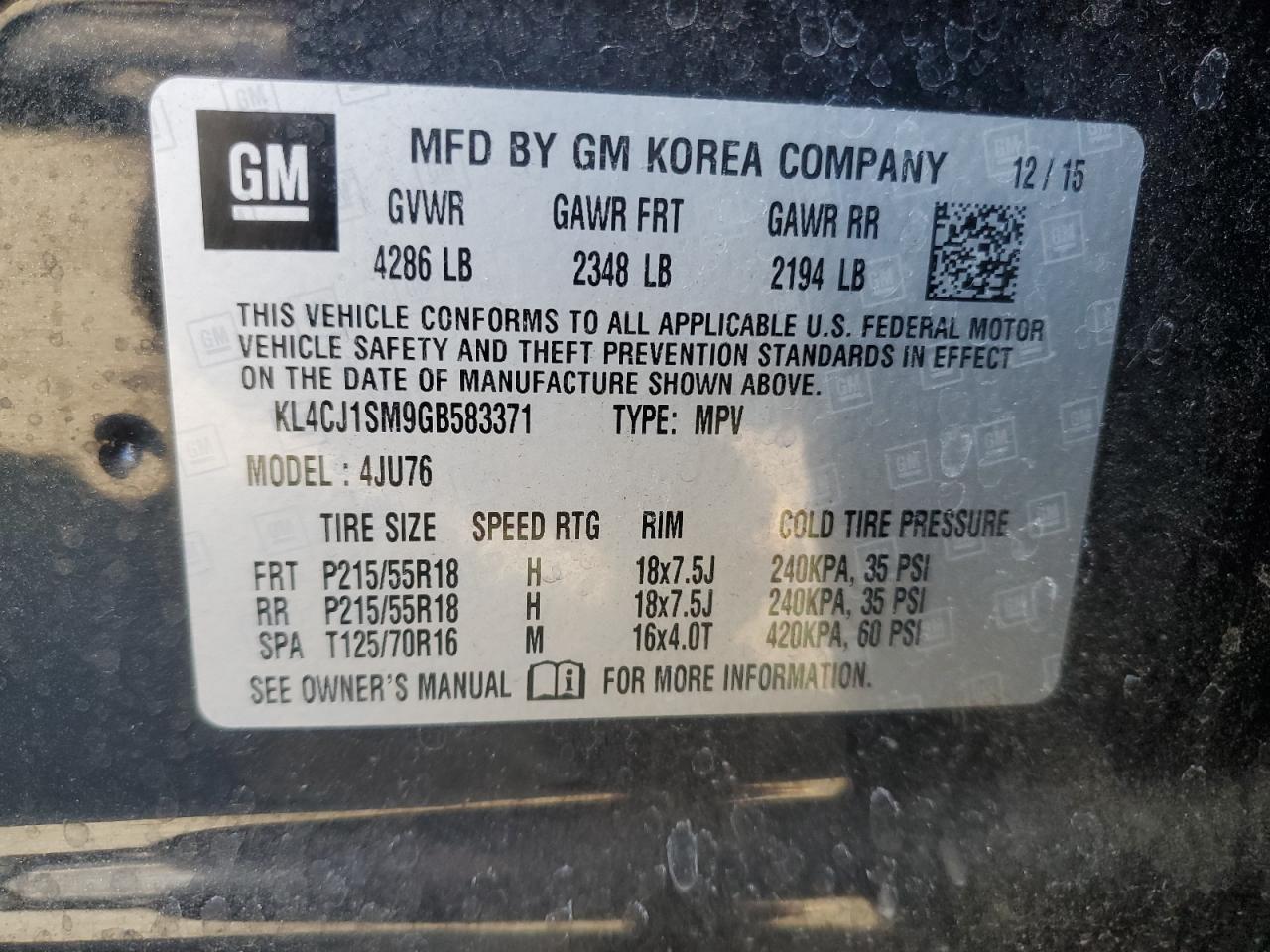 2016 Buick Encore VIN KL4CJ1SM9GB583371 Copart auction photo, side / rear end damage thumbnail 13