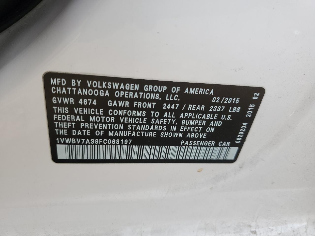 2015 Volkswagen Passat VIN 1VWBV7A39FC068197 Copart auction photo, front end damage thumbnail 12