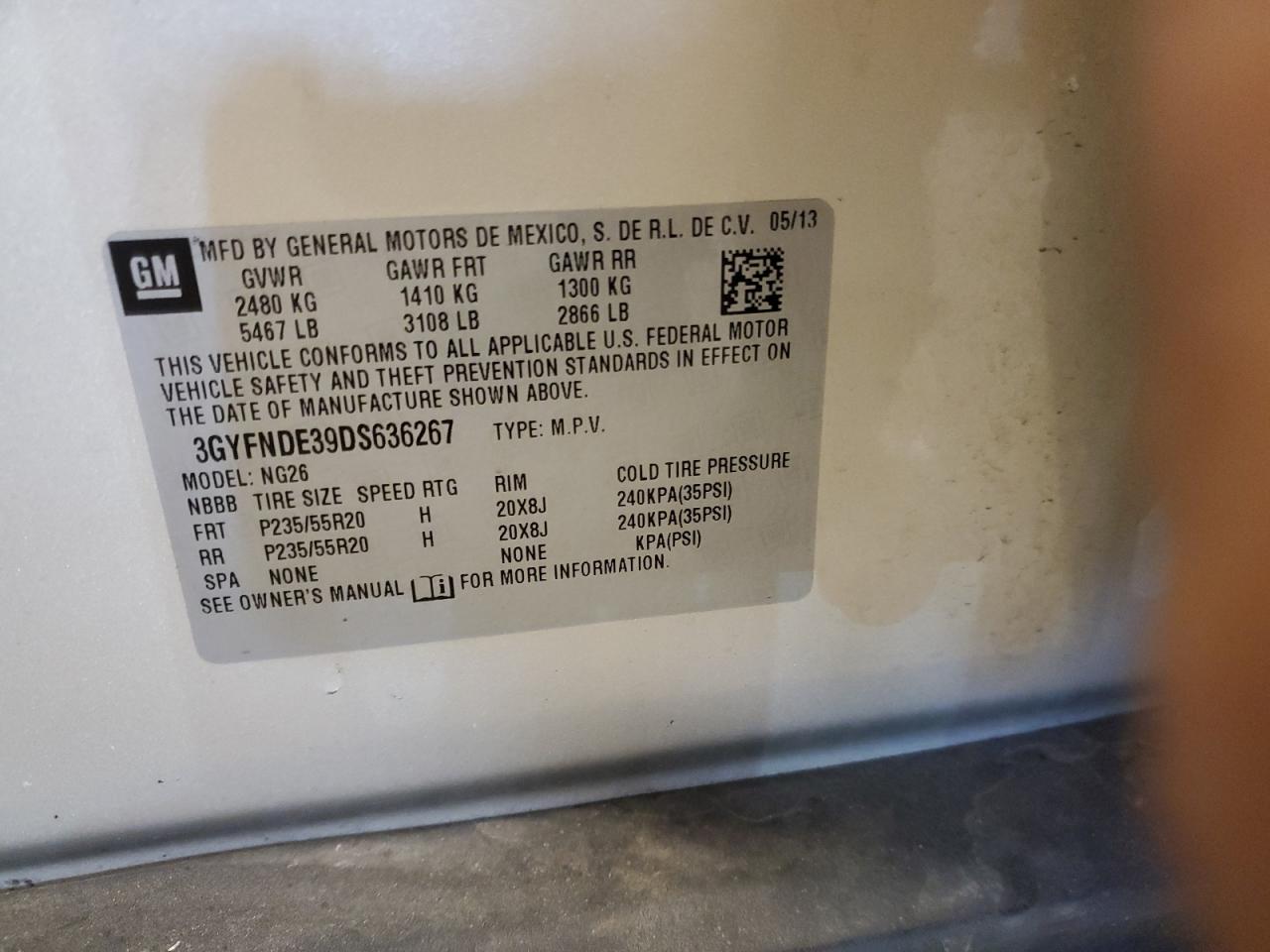 2013 Cadillac SRX VIN 3GYFNDE39DS636267 Copart auction photo, front end damage thumbnail 14