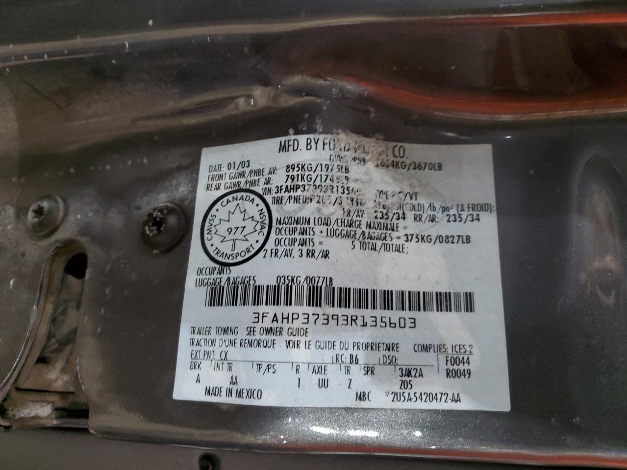 2003 Ford Focus VIN 3FAHP37393R135603 Copart auction photo, front end / undercarriage damage thumbnail 13
