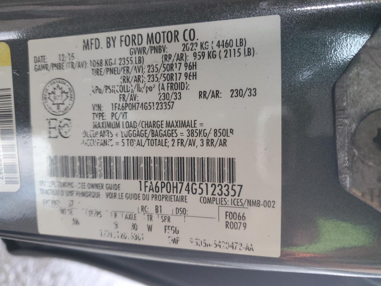 2016 Ford Fusion VIN 1FA6P0H74G5123357 Copart auction photo, front end / side damage thumbnail 13