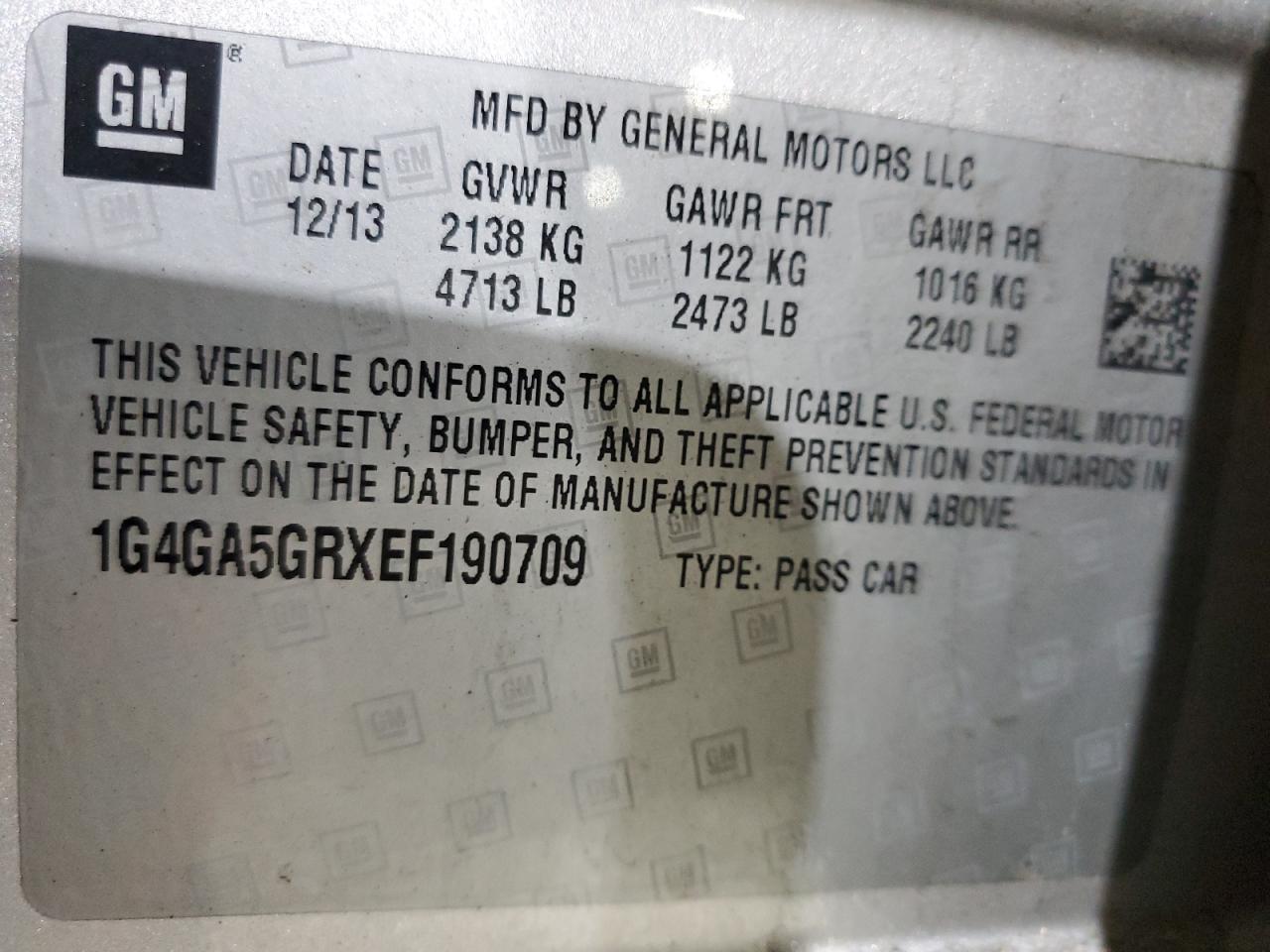 2014 Buick LaCrosse VIN 1G4GA5GRXEF190709 Copart auction photo, front end damage thumbnail 15