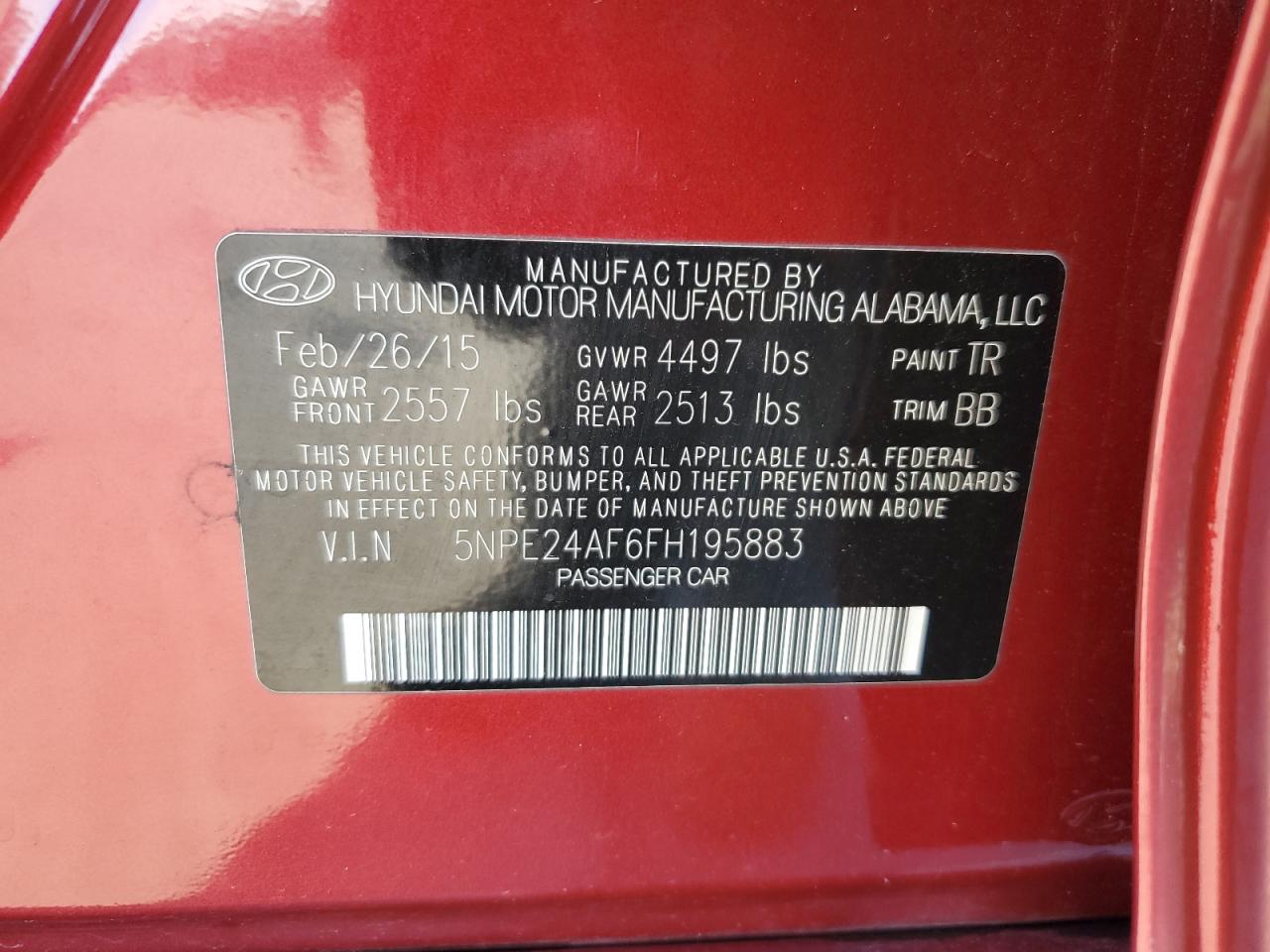 2015 Hyundai Sonata VIN 5NPE24AF6FH195883 Copart auction photo, front end / minor dent/scratches damage thumbnail 12