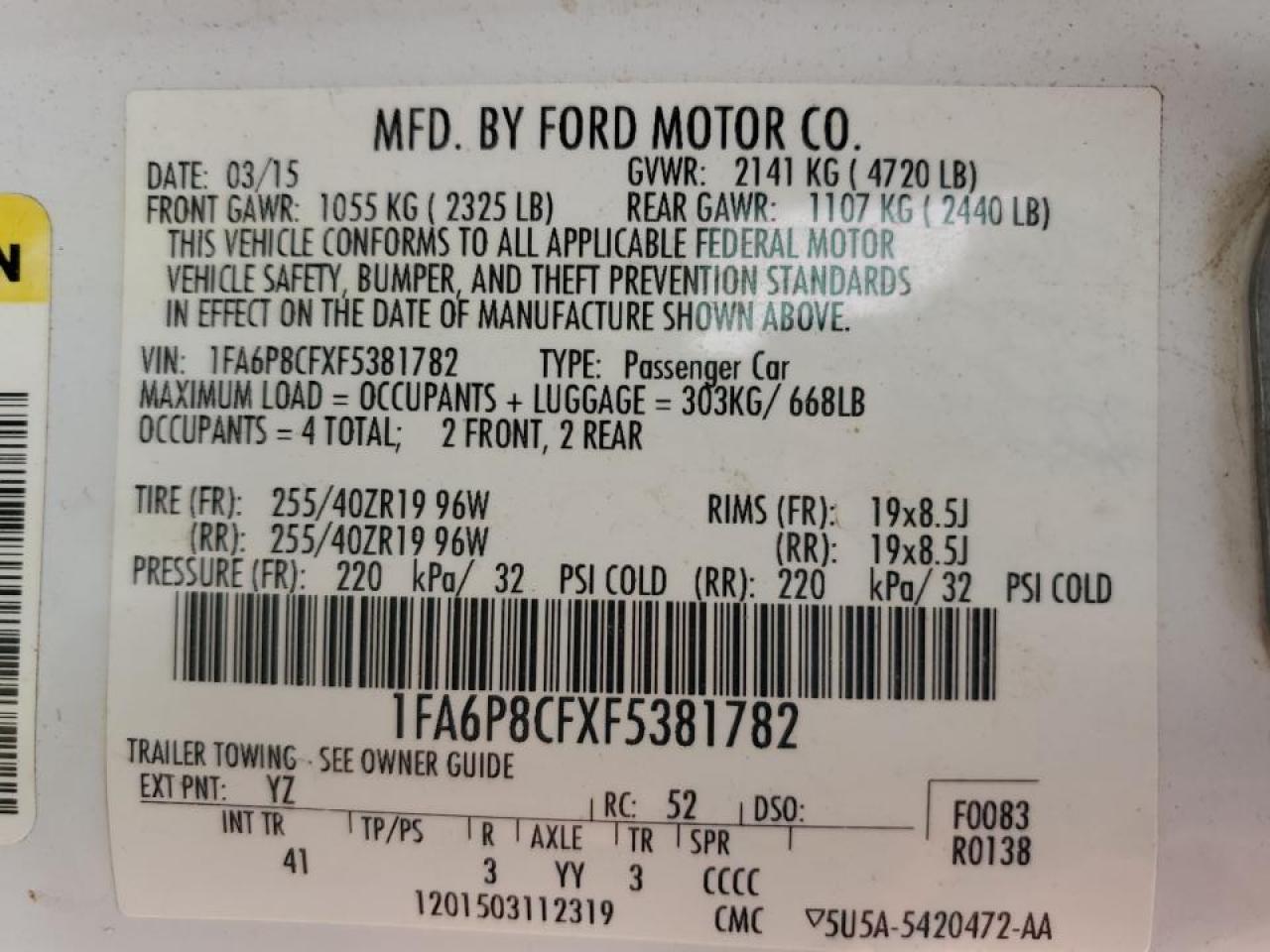 2015 Ford Mustang VIN 1FA6P8CFXF5381782 Copart auction photo, all over damage thumbnail 12