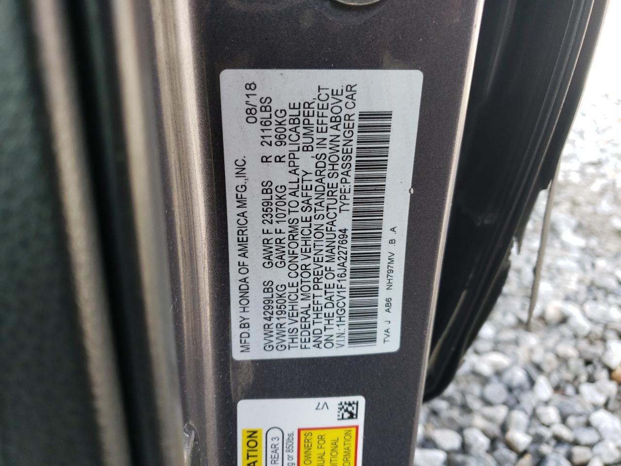 2018 Honda Accord VIN 1HGCV1F16JA227694 Copart auction photo, front end / side damage thumbnail 13