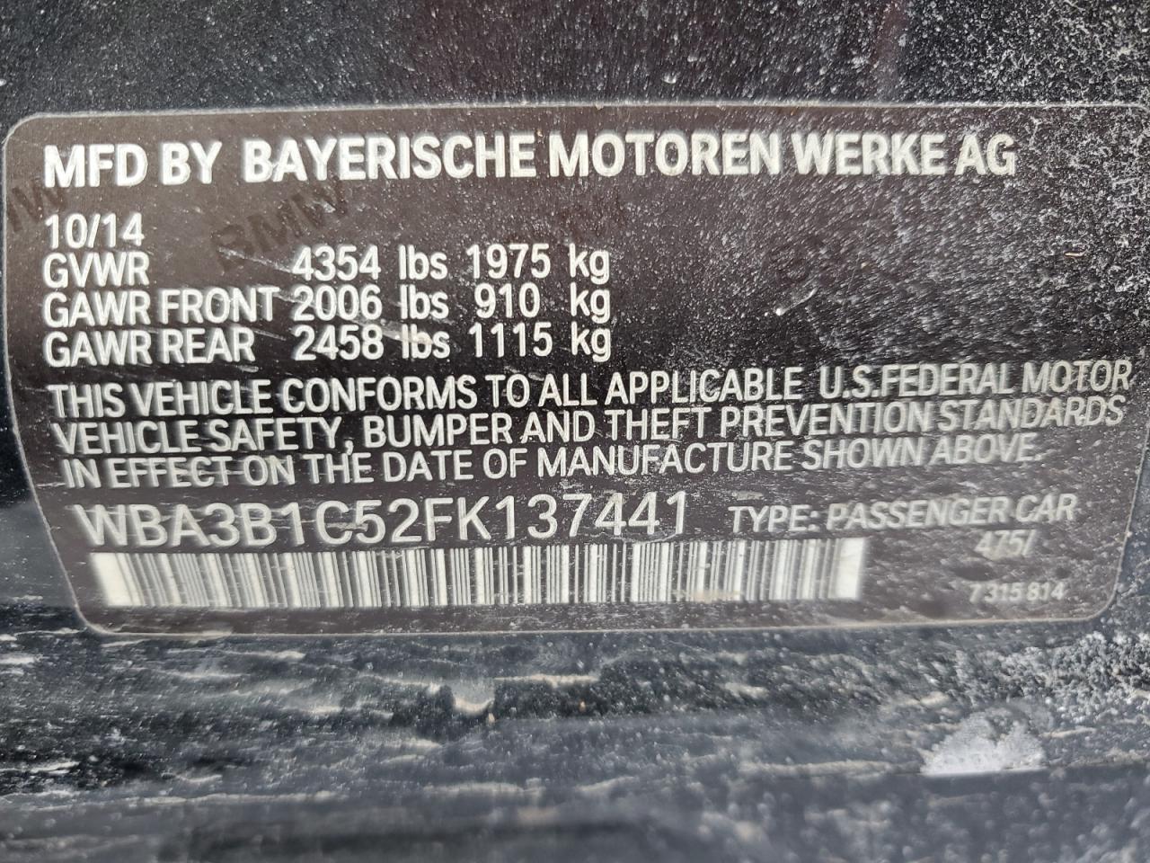 2015 BMW 3er VIN WBA3B1C52FK137441 Copart auction photo, front end / side damage thumbnail 13