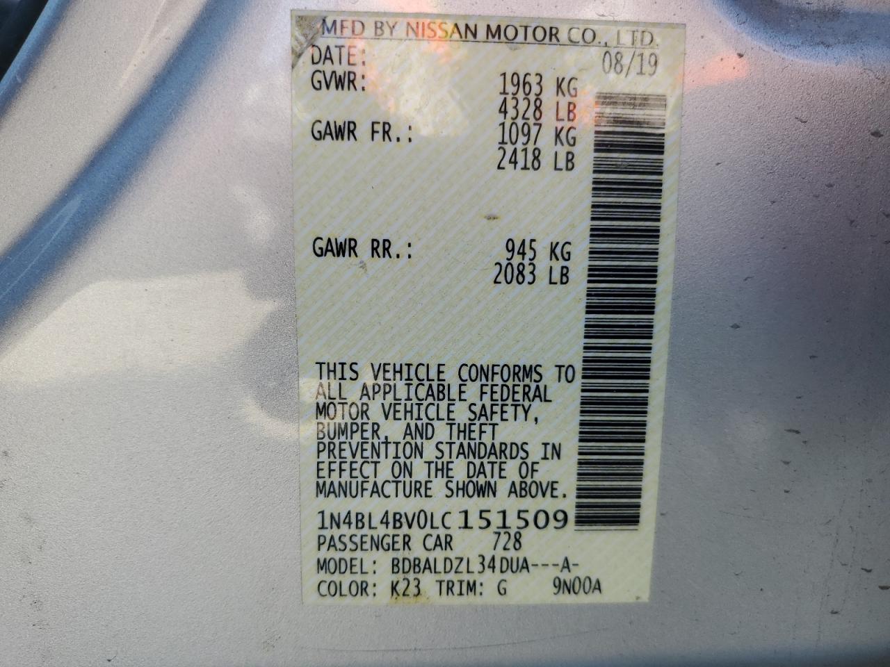 2020 Nissan Altima VIN 1N4BL4BV0LC151509 Copart auction photo, front end / minor dent/scratches damage thumbnail 13