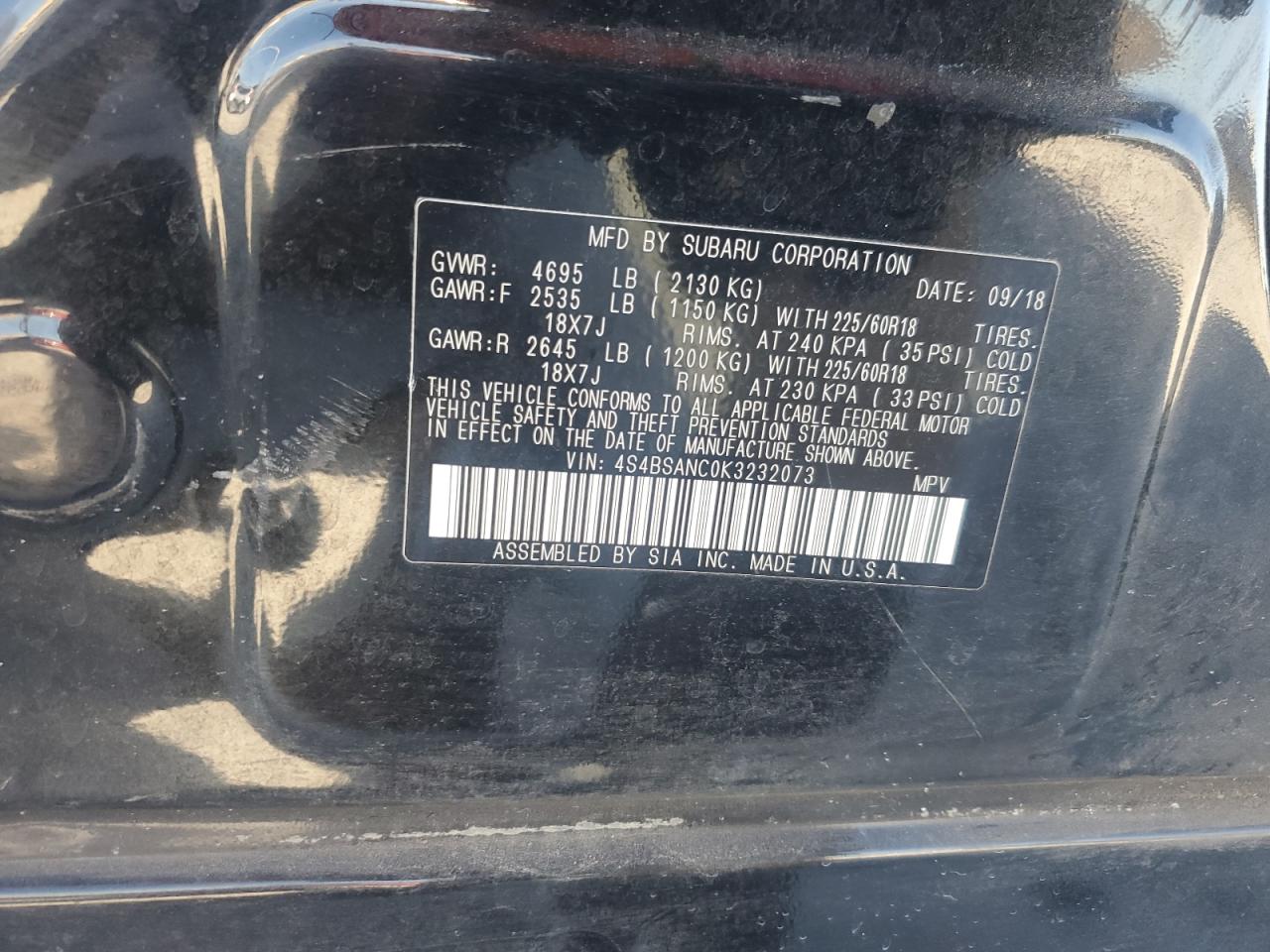 2019 Subaru Outback VIN 4S4BSANC0K3232073 Copart auction photo, all over damage thumbnail 14