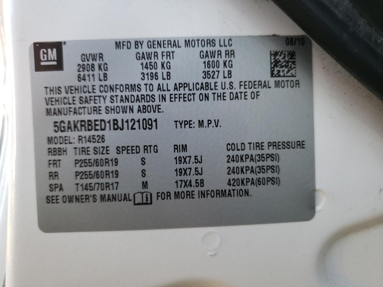 2011 Buick Enclave VIN 5GAKRBED1BJ121091 Copart auction photo, mechanical damage thumbnail 13