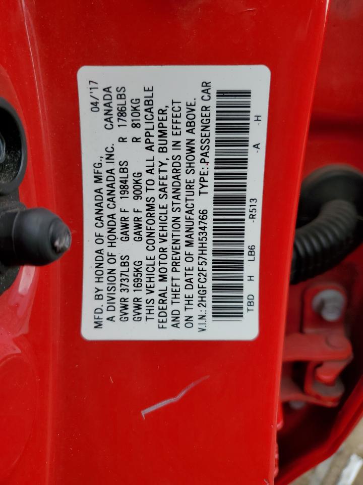 2017 Honda Civic VIN 2HGFC2F57HH534766 Copart auction photo, front end / side damage thumbnail 14