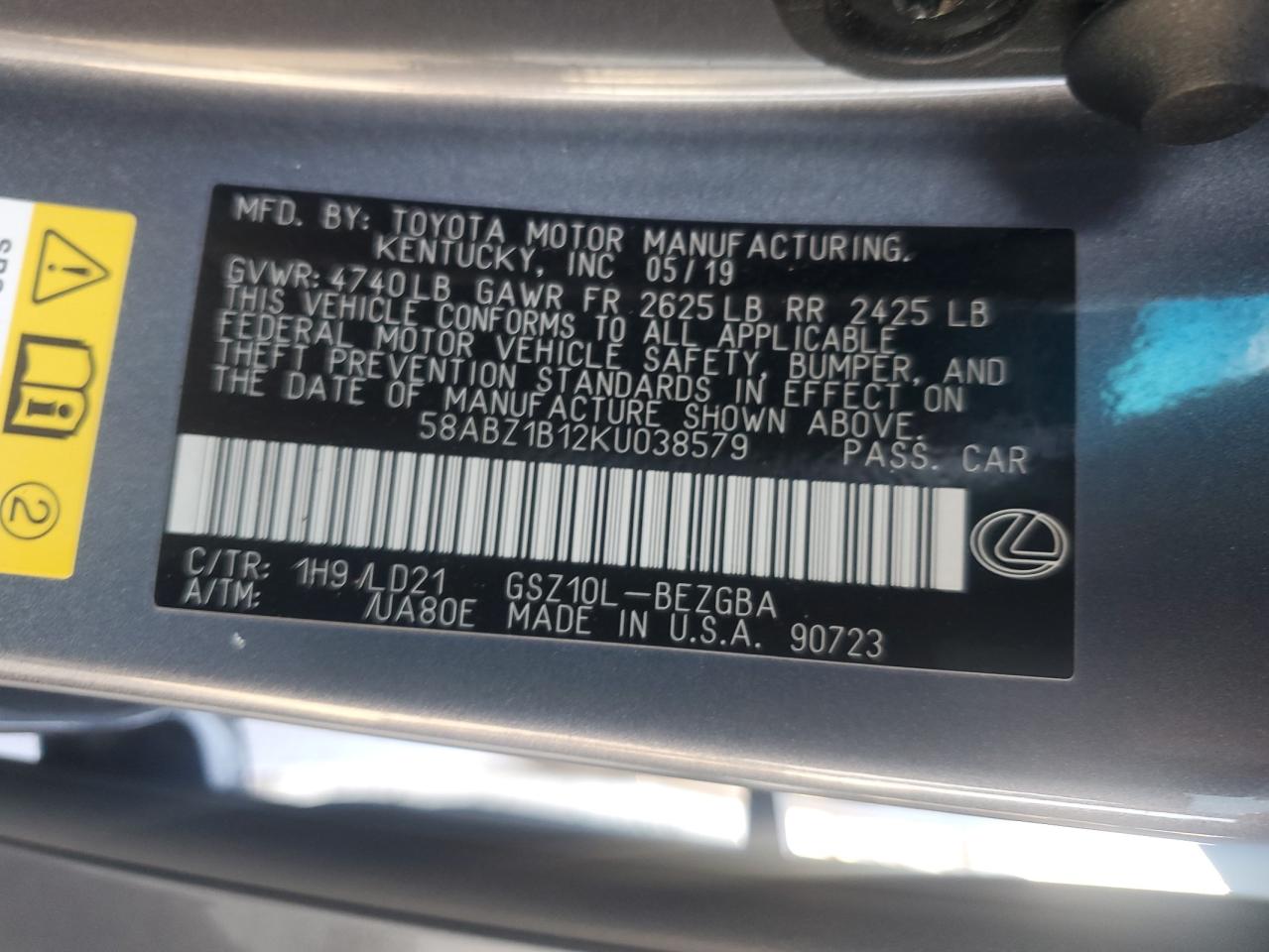 2019 Lexus ES VIN 58ABZ1B12KU038579 Copart auction photo, front end damage thumbnail 12