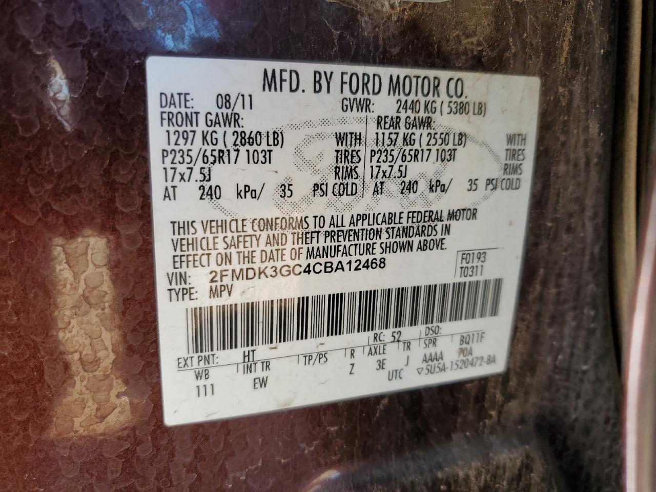 2012 Ford Edge VIN 2FMDK3GC4CBA12468 Copart auction photo, front end damage thumbnail 13