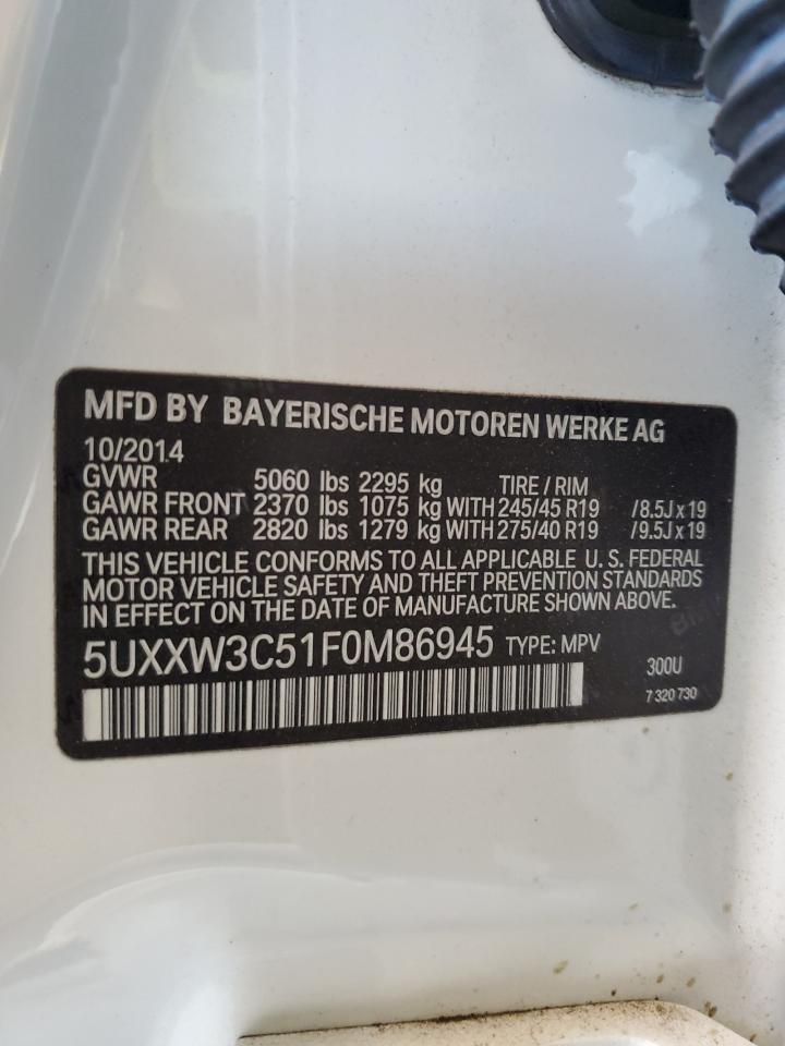 2015 BMW X4 VIN 5UXXW3C51F0M86945 Copart auction photo, front end damage thumbnail 15
