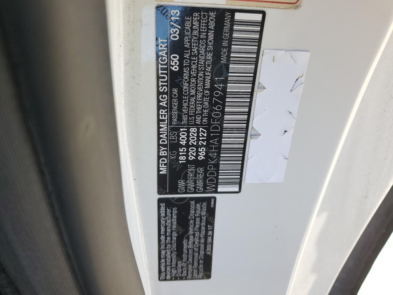 2013 Mercedes-Benz SLK-klasse VIN WDDPK4HA1DF067941 Copart auction photo, front end damage thumbnail 14