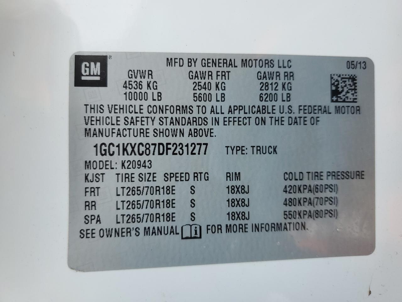 2013 Chevrolet Silverado VIN 1GC1KXC87DF231277 Copart auction photo, front end / side damage thumbnail 12