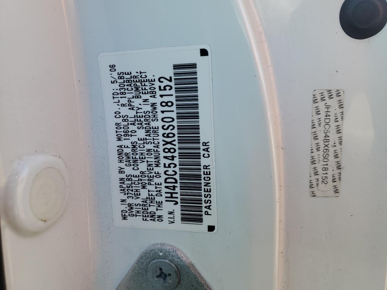 2006 Acura RSX VIN JH4DC548X6S018152 Copart auction photo, front end damage thumbnail 12