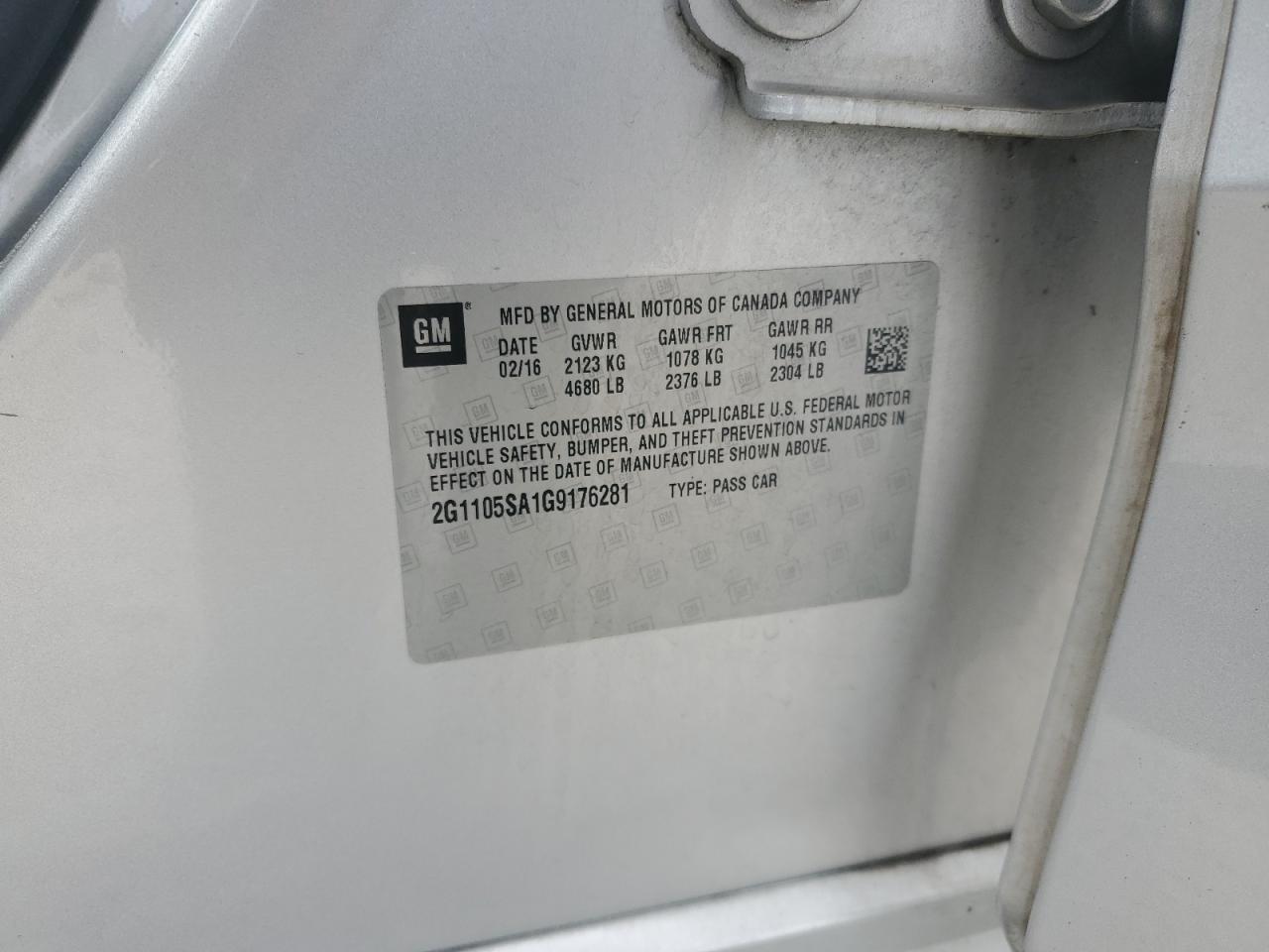 2016 Chevrolet Impala VIN 2G1105SA1G9176281 Copart auction photo, front end damage thumbnail 12