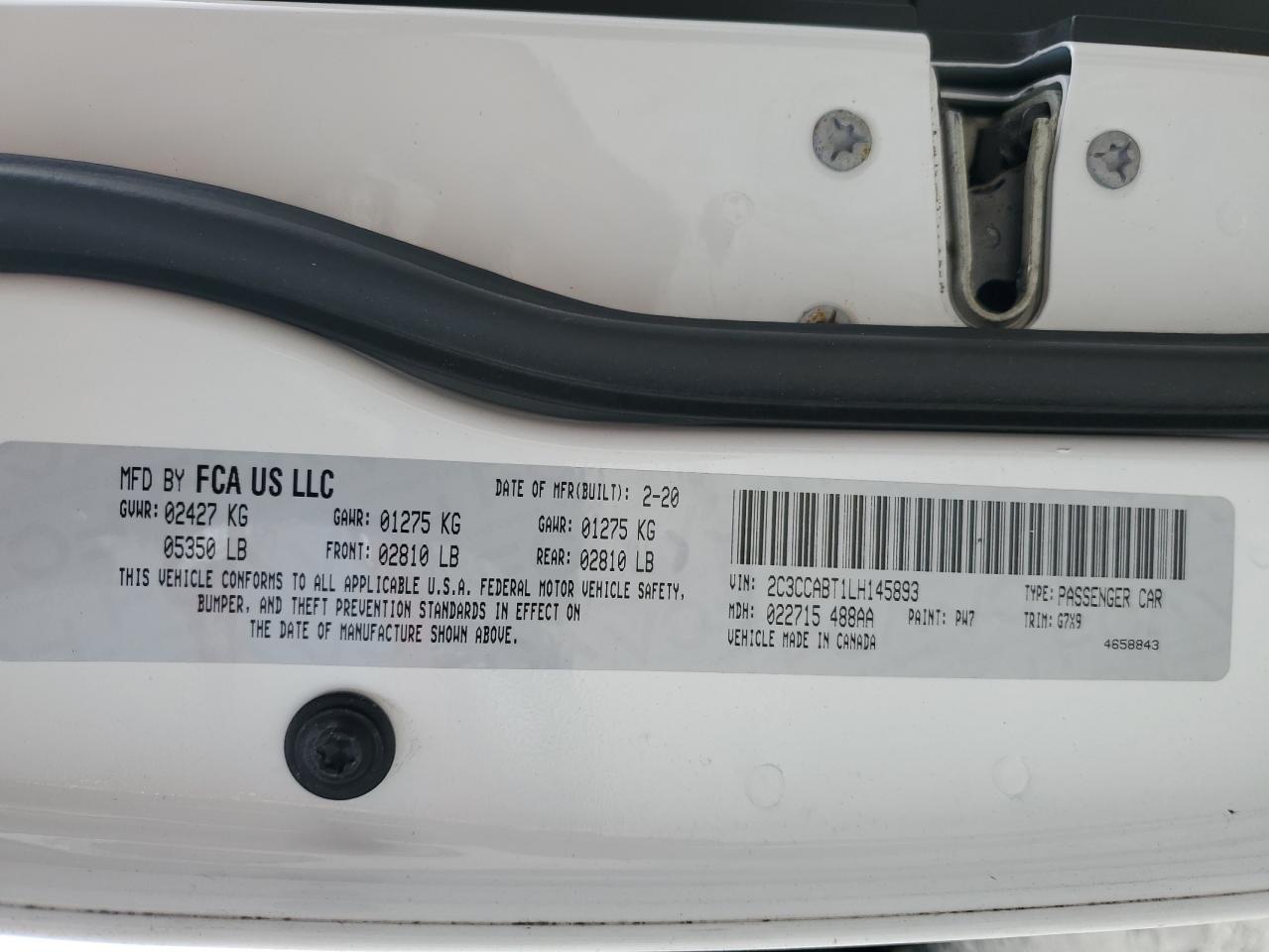 2020 Chrysler 300 VIN 2C3CCABT1LH145893 Copart auction photo, front end damage thumbnail 12