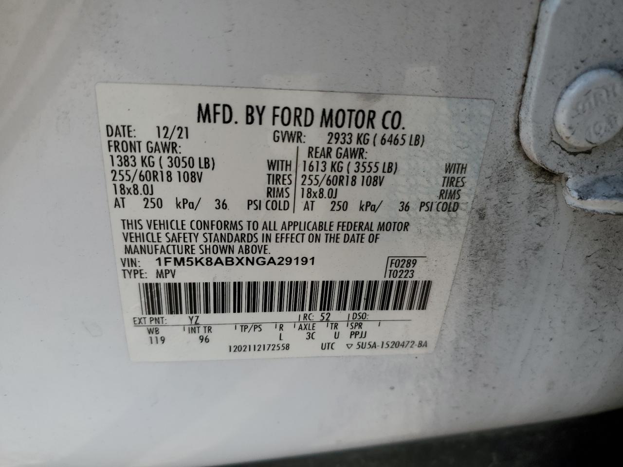 2022 Ford Explorer VIN 1FM5K8ABXNGA29191 Copart auction photo, rear end / minor dent/scratches damage thumbnail 13