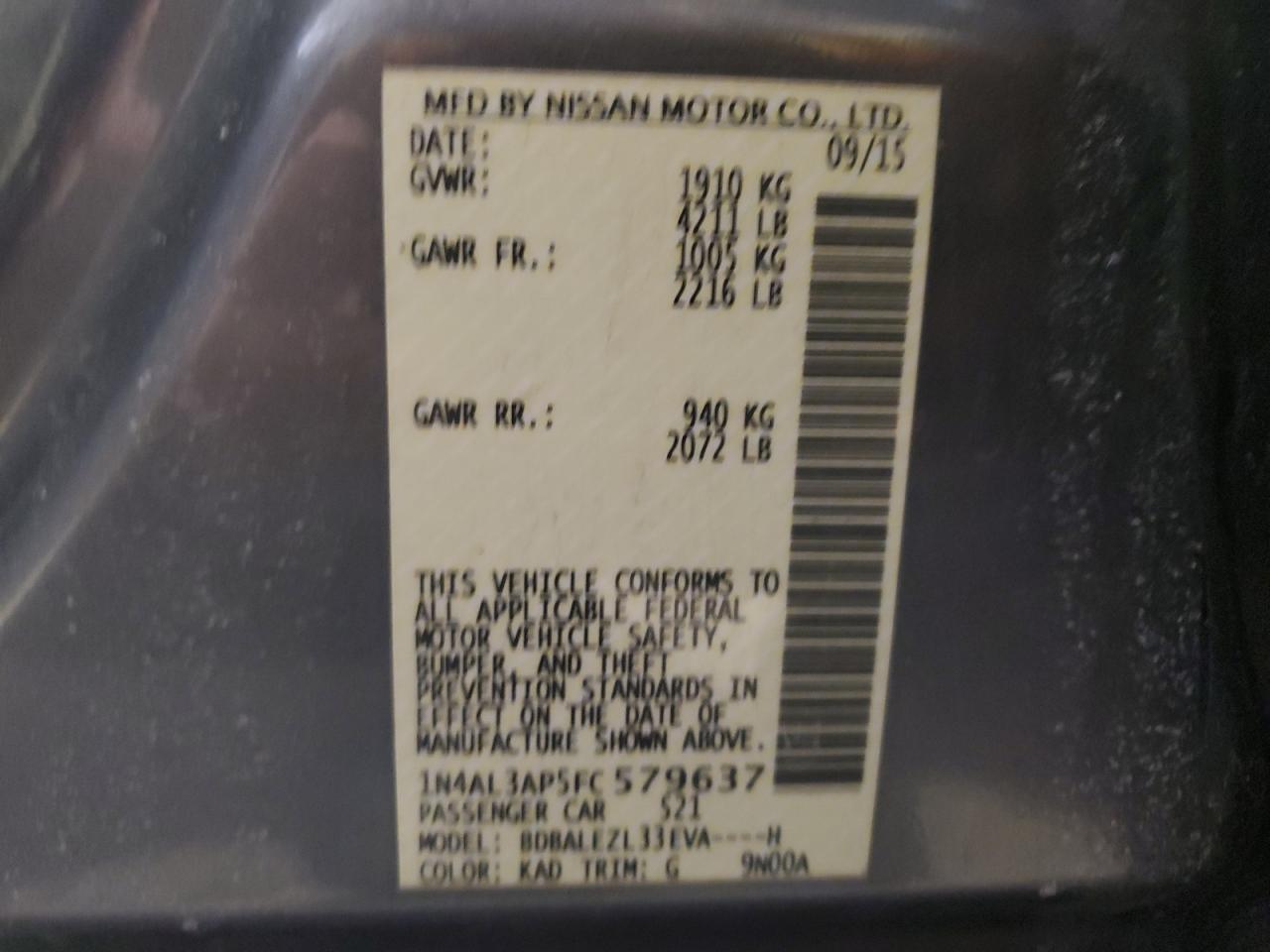 2015 Nissan Altima VIN 1N4AL3AP5FC579637 Copart auction photo, side damage thumbnail 12