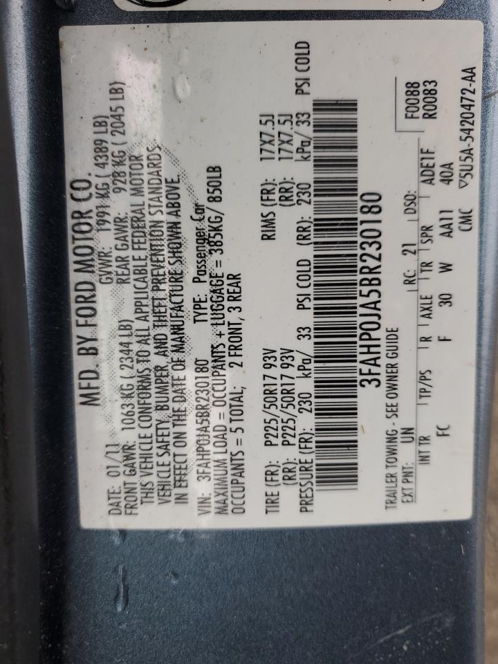 2011 Ford Fusion VIN 3FAHP0JA5BR230180 Copart auction photo, all over damage thumbnail 12