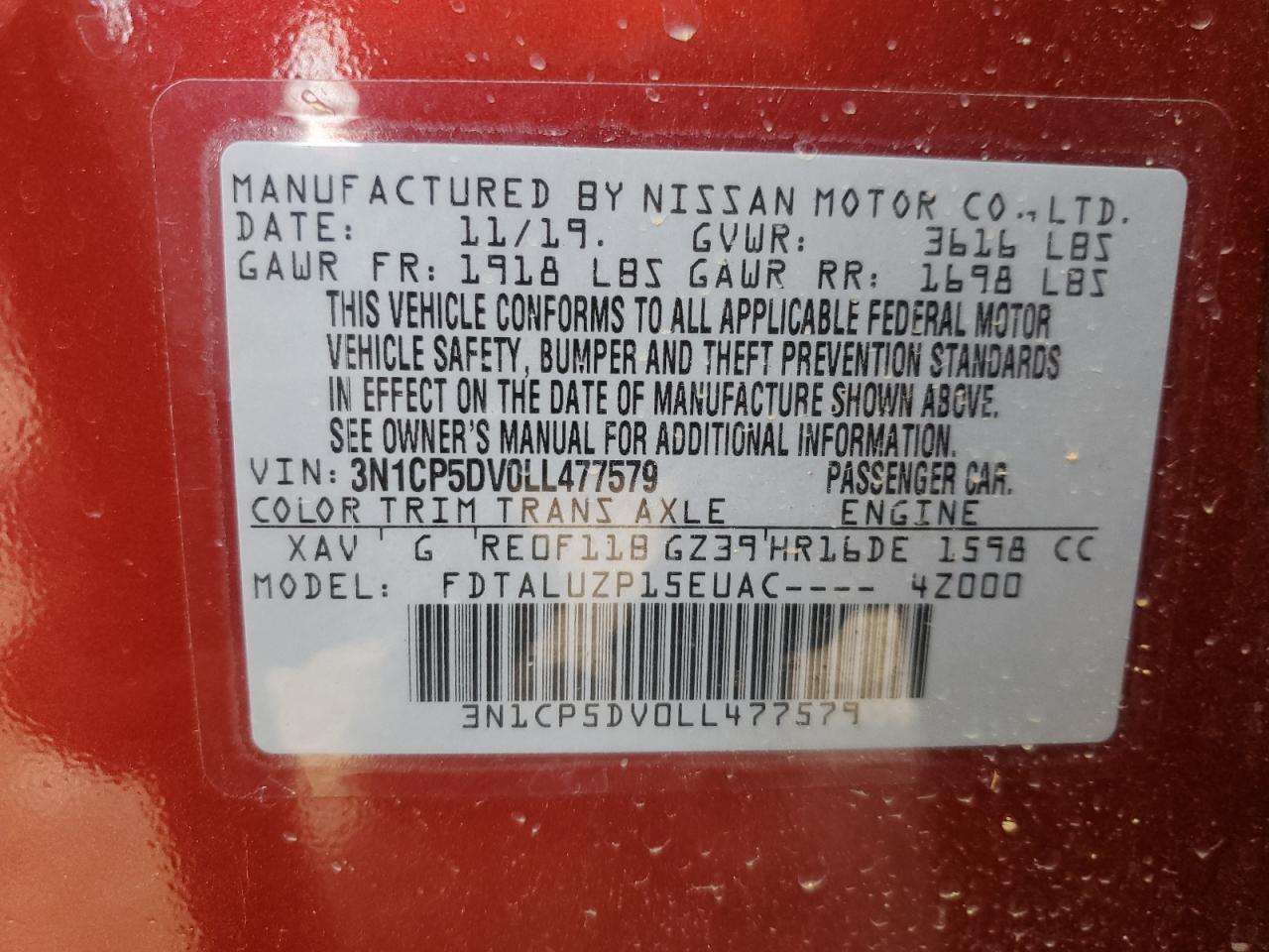 2020 Nissan Kicks VIN 3N1CP5DV0LL477579 Copart auction photo, front end damage thumbnail 15