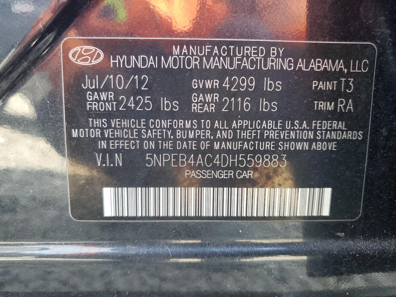 2013 Hyundai Sonata VIN 5NPEB4AC4DH559883 Copart auction photo, side / front end damage thumbnail 12