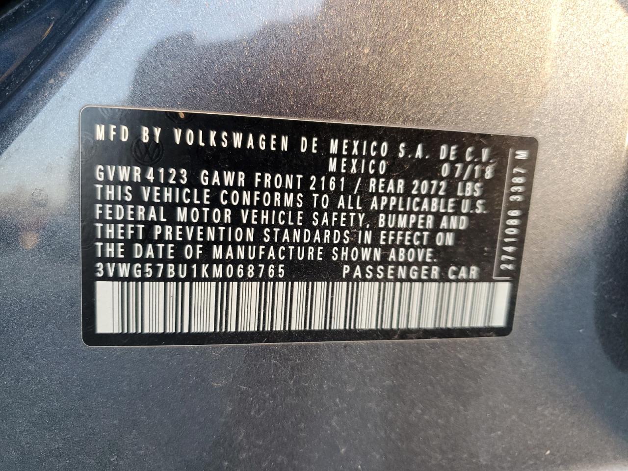 2019 Volkswagen Jetta VIN 3VWG57BU1KM068765 Copart auction photo, rear end damage thumbnail 12