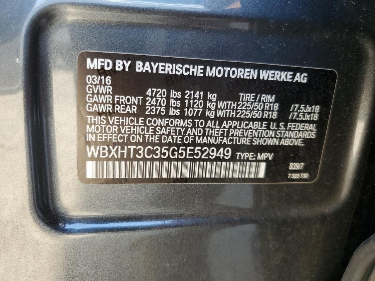 2016 BMW X1 VIN WBXHT3C35G5E52949 Copart auction photo, mechanical / minor dent/scratches damage thumbnail 13