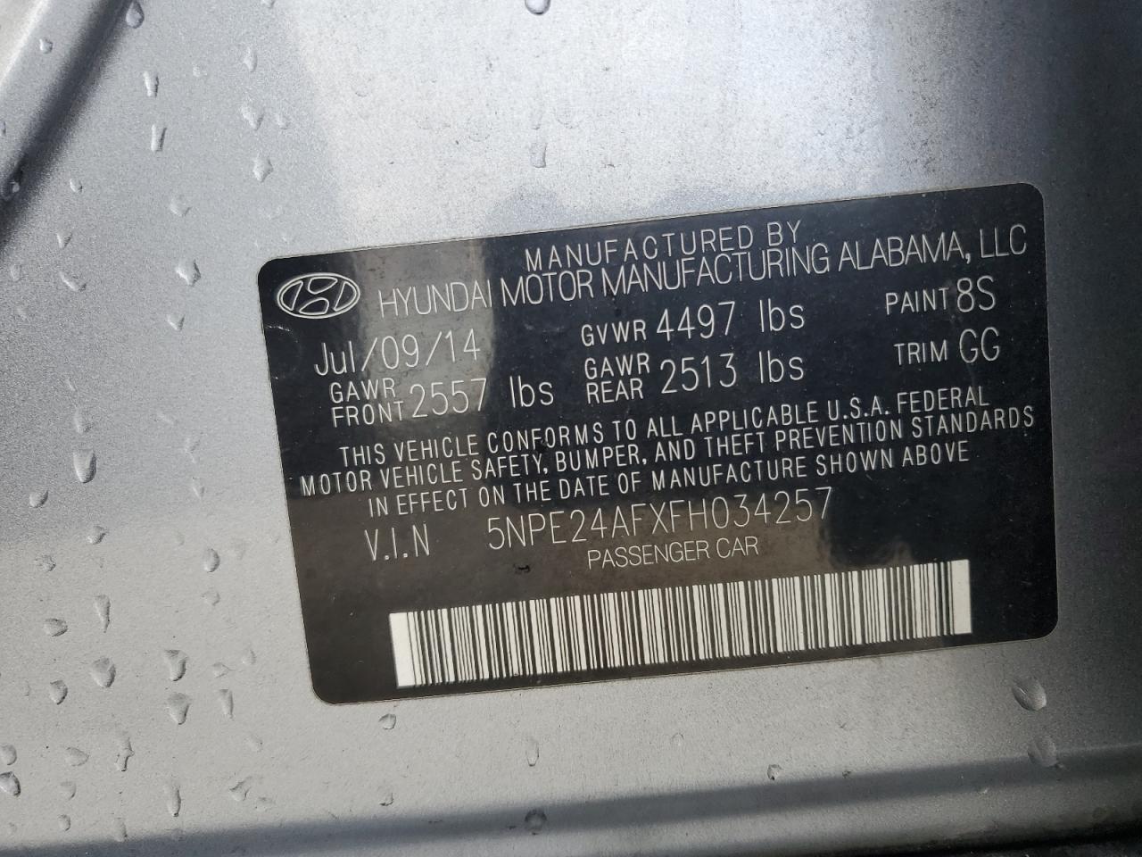 2015 Hyundai Sonata VIN 5NPE24AFXFH034257 Copart auction photo, all over damage thumbnail 13