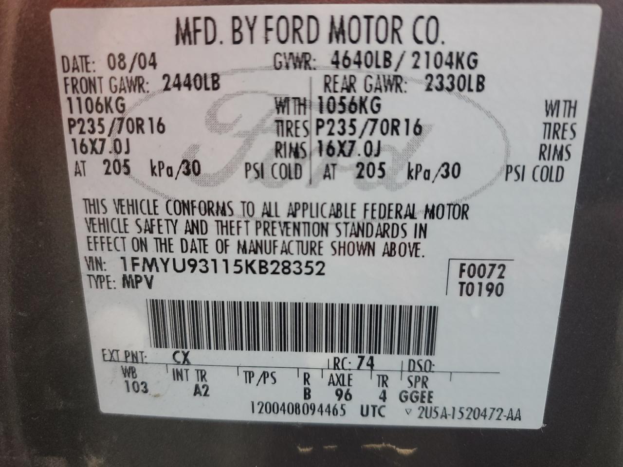 2005 Ford Escape VIN 1FMYU93115KB28352 Copart auction photo, front end / minor dent/scratches damage thumbnail 13